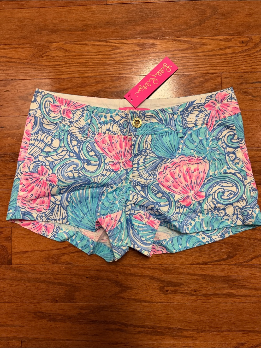 Lilly Pulitzer Pink & Aqua Shell-Print Cotton Stretch Shorts Walsh style